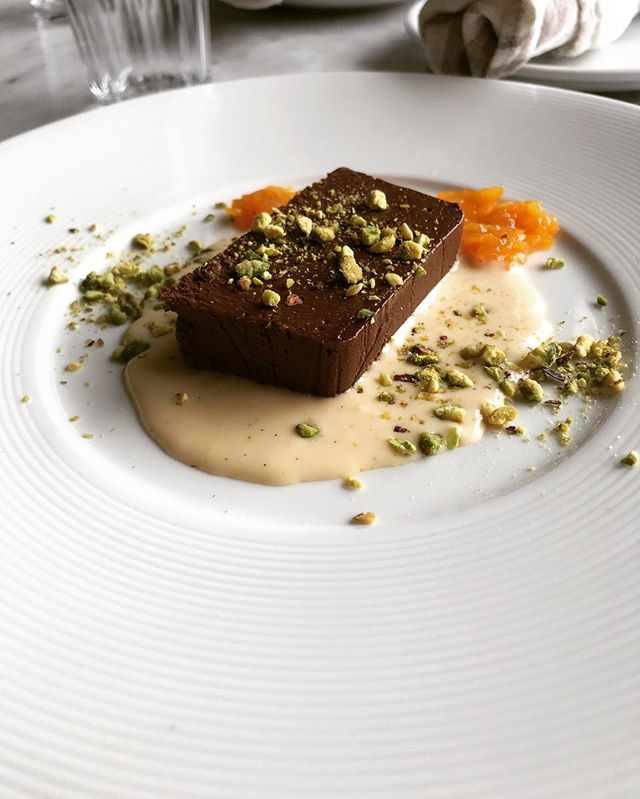 This year I promise to exercise (my right to eat) more chocolate 🍫 #2019 #resolutions ✨Special tonight: dark chocolate terrine with orange creme anglaise, kumquat jam, and roasted pistachios #pastrychef #dessert #besweet #eatdessertfirst #restaurantlife #loveliveshere #chocolate